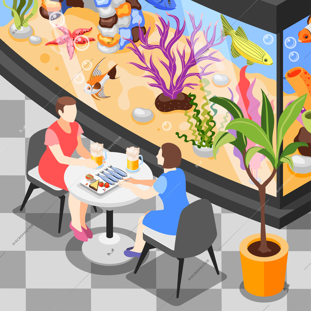 Isometric background with two women drinking beer and eating fish near big aquarium at cafe vector illustration