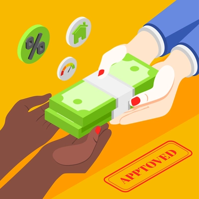 Approved credit isometric concept with human hands taking cash money on bright background 3d vector illustration