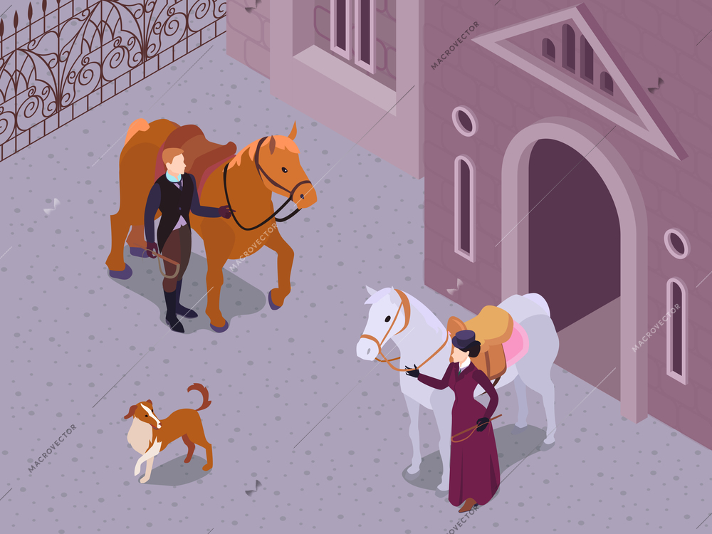 Isometric victorian fashion composition with outdoor scenery and characters of gentleman and lady snaffling their horses vector illustration