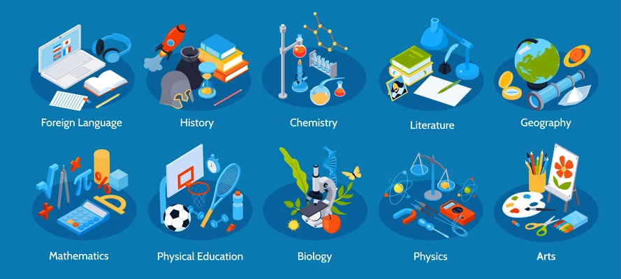 Set of isolated school education compositions with isometric icons belonging to certain discipline and text captions vector illustration