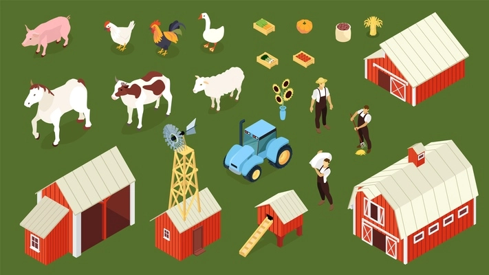 Farm isometric set with farmer farmhouse chicken coop barn tractor livestock animals geese green background vector illustration