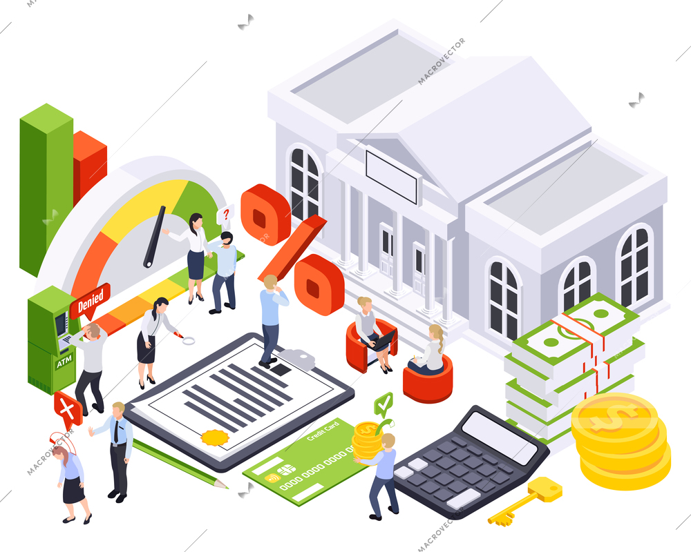 Bank loan isometric composition with icons of bar charts payment methods with bank building and people vector illustration