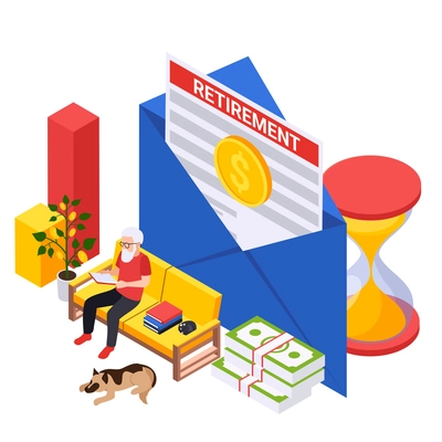 Retirement preparation plan isometric composition with old man sitting on sofa with envelope contract and coin vector illustration