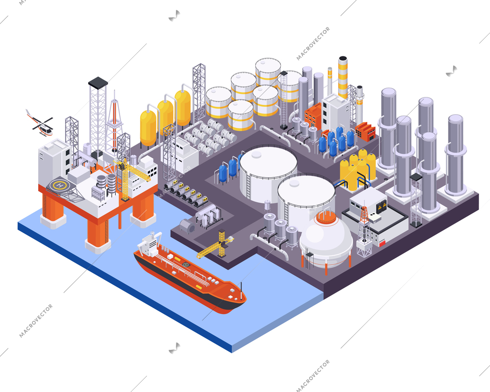 Oil petroleum industry isometric composition with view of maritime port with oil processing plant and platform vector illustration