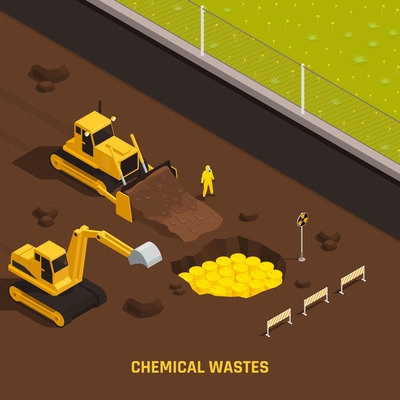 Isometric toxic waste nuclear chemical pollution biohazard composition with chemical wastes description vector illustration