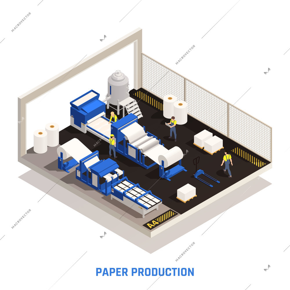 Paper production isometric concept with an isolated part of the room with the factory shop where paper is pressed vector illustration