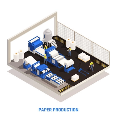 Paper production isometric concept with an isolated part of the room with the factory shop where paper is pressed vector illustration