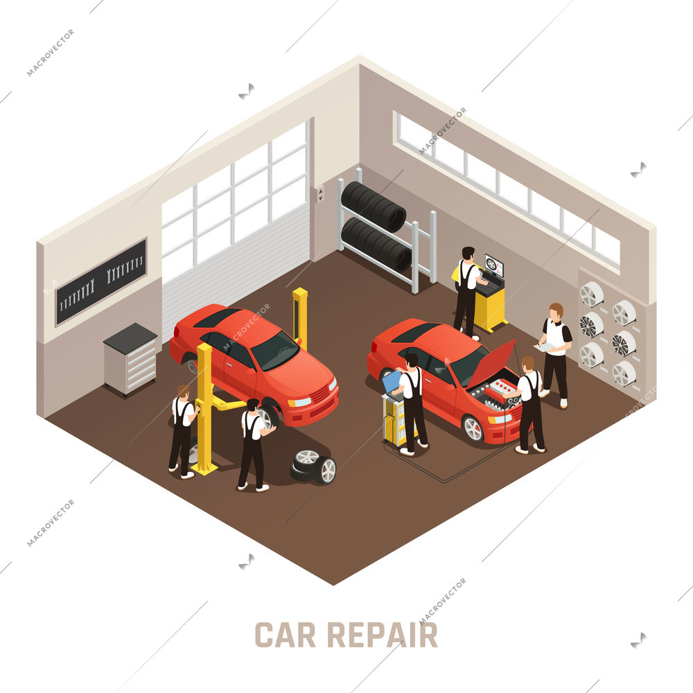 Car repair maintenance autoservice station isometric composition with employees fixing two cars in a garage vector illustration