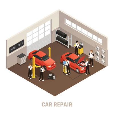 Car repair maintenance autoservice station isometric composition with employees fixing two cars in a garage vector illustration