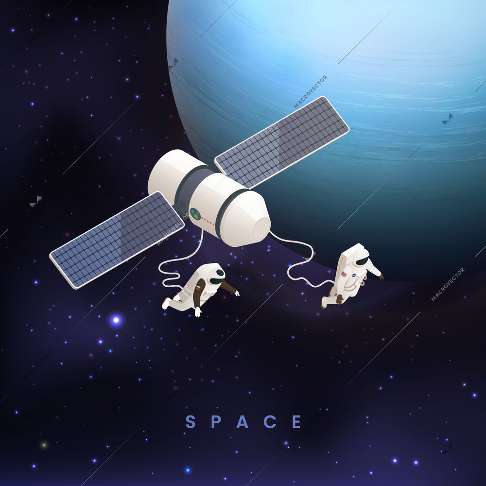 Astronaut cosmonaut taikonaut isometric colored concept with two astronauts flying in space vector illustration