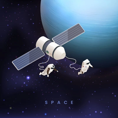 Astronaut cosmonaut taikonaut isometric colored concept with two astronauts flying in space vector illustration