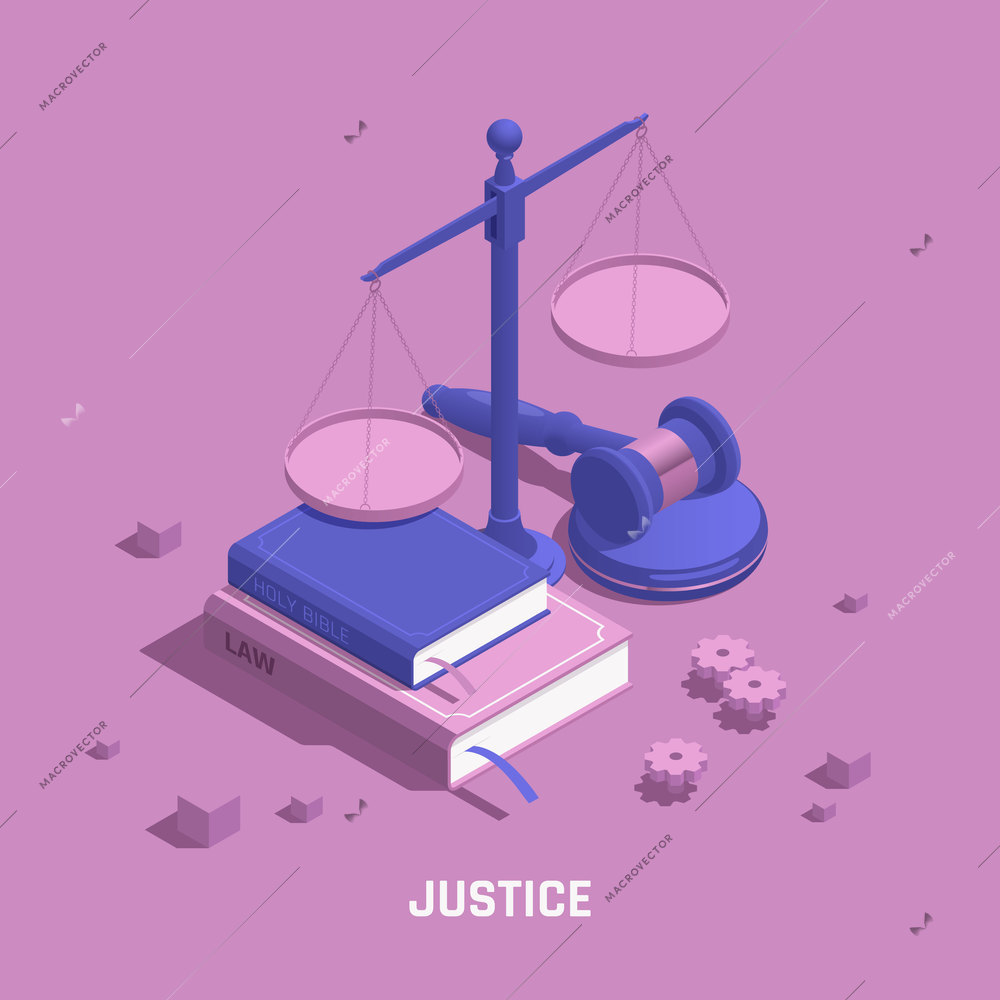 Law justice isometric colored composition abstract scales with books and attributes of a lawyer and a judge vector illustration