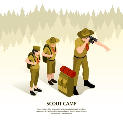 Scouts isometric background with adult mentor looking through binoculars at surrounding area in search of camp vector illustration