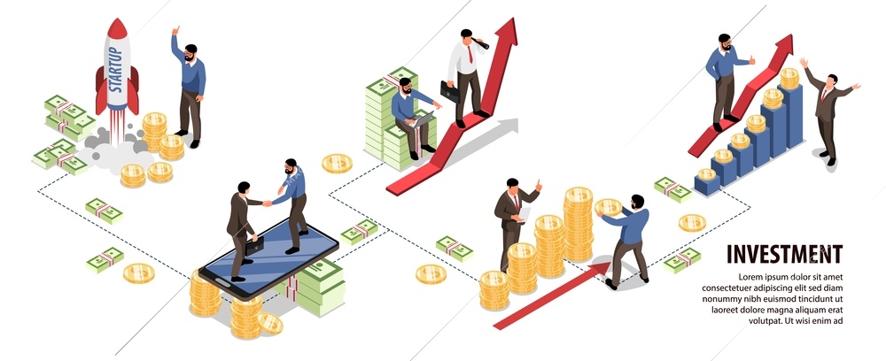 Investment isometric infographics with little people characters launching business project and analyzing its growth and development vector illustration