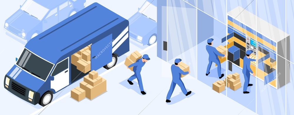 Post terminal horizontal illustration with postal workers loading parcels from delivery truck to automated lockers isometric vector illustration