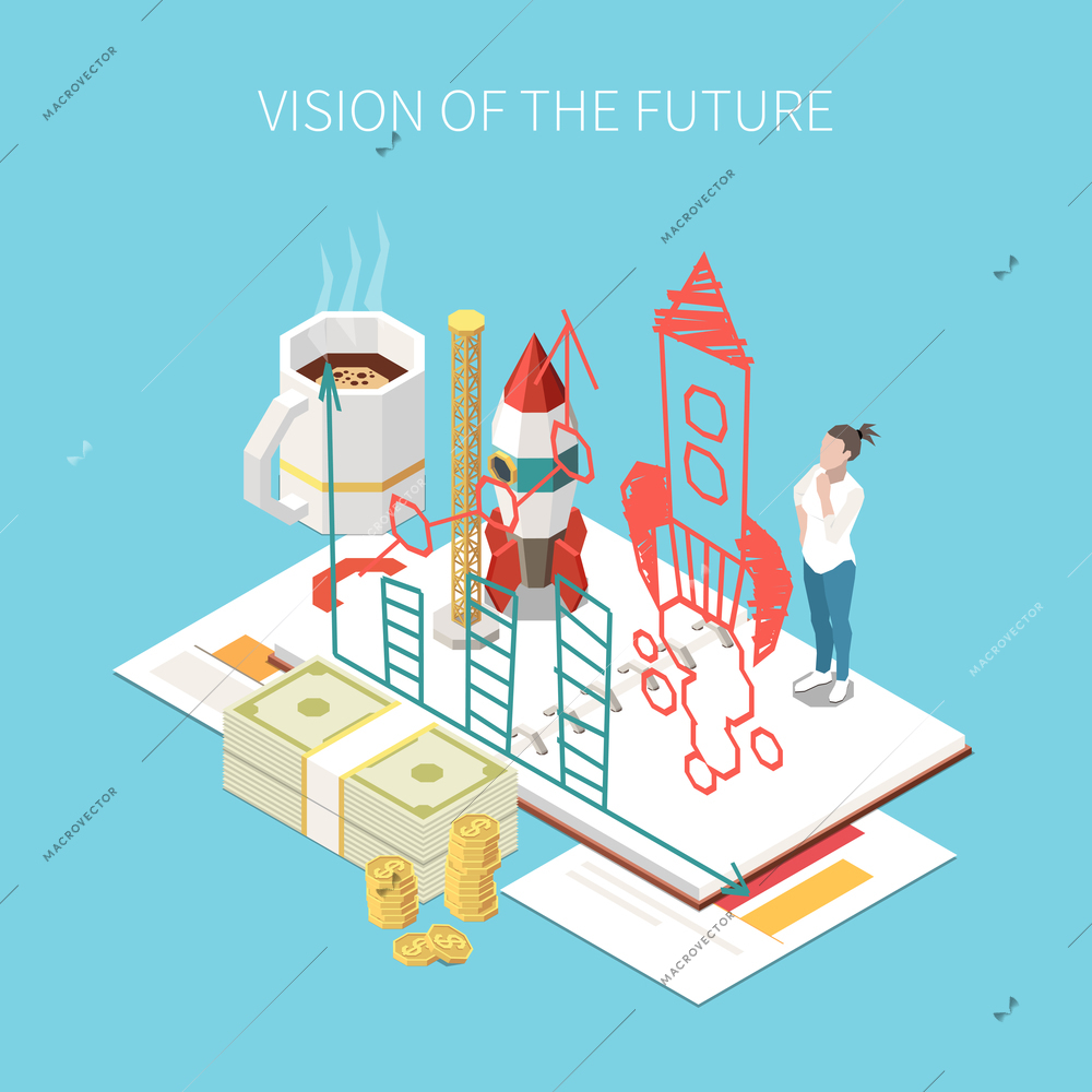 Entrepreneur and business isometric concept with future vision symbols vector illustration