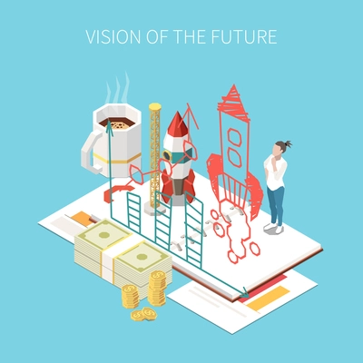 Entrepreneur and business isometric concept with future vision symbols vector illustration