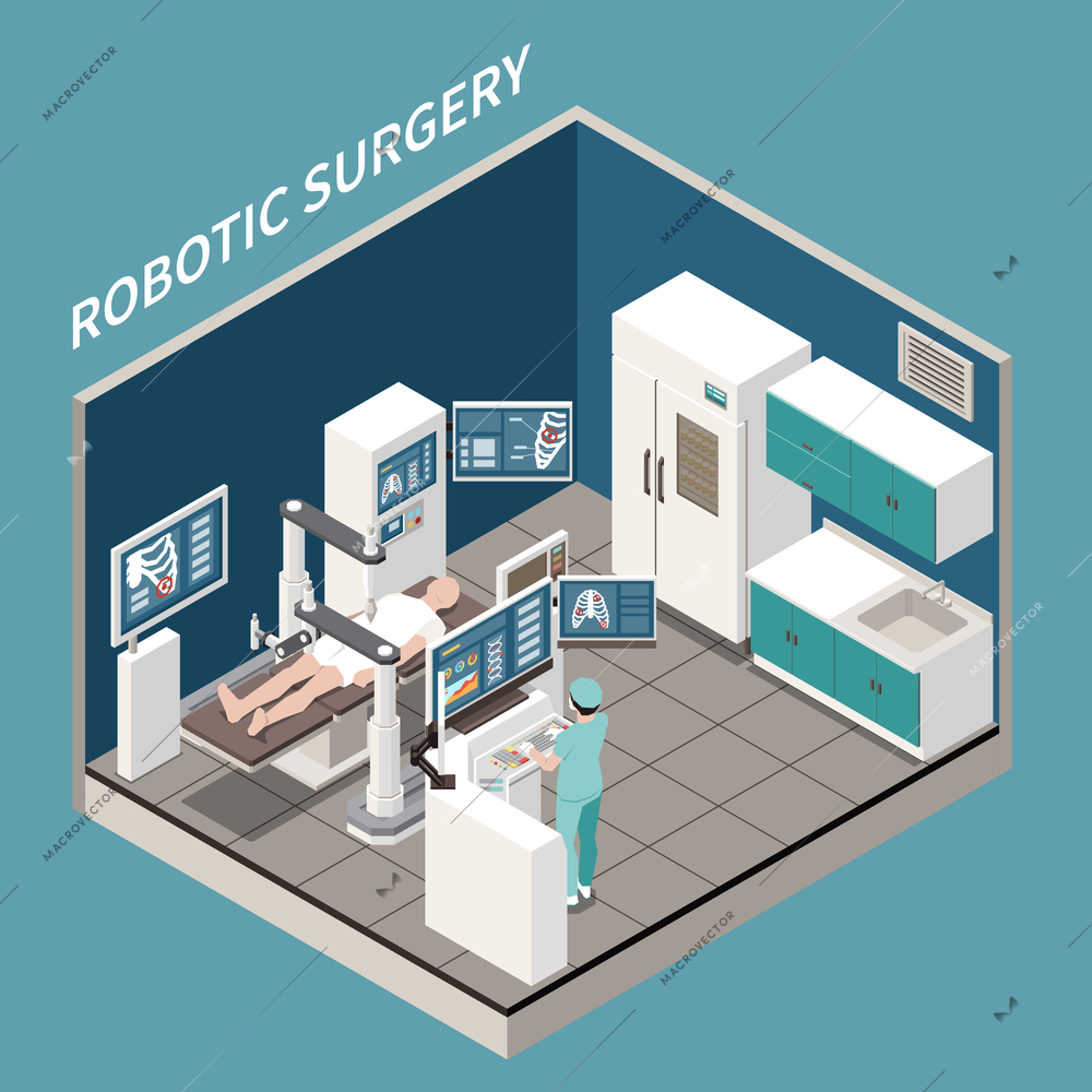 Robotic surgery isometric concept with medical treatment symbols vector illustration