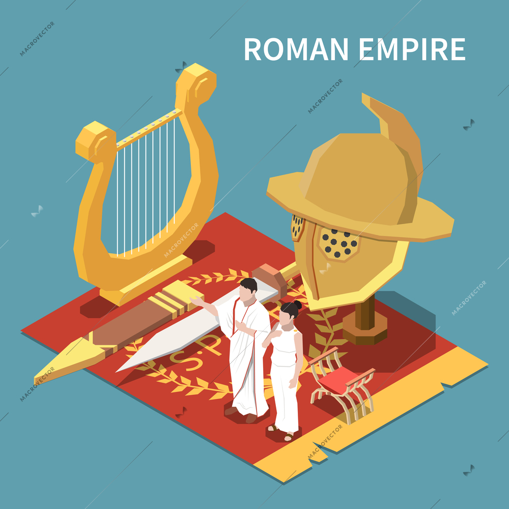 Roman empire isometric concept with civilization and culture symbols vector illustration