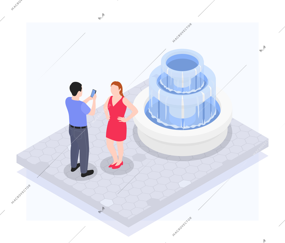 A man photographs a woman in front of a fountain on a mobile camera isometric vector illustration