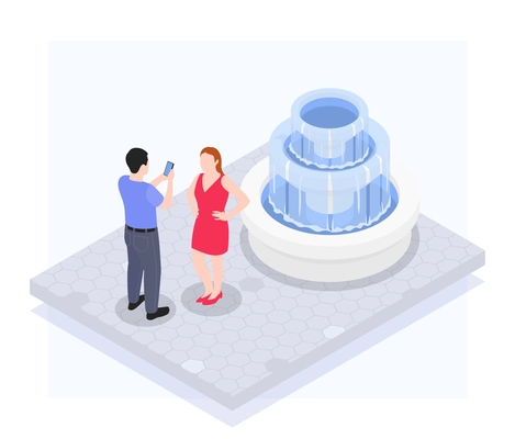 A man photographs a woman in front of a fountain on a mobile camera isometric vector illustration