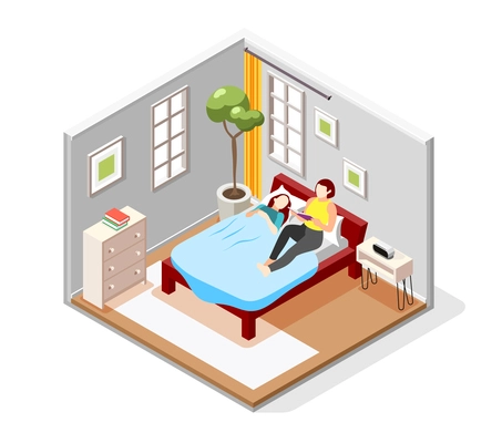 International day of families isometric design concept with mom reading bedtime story to her sleeping daughter vector illustration