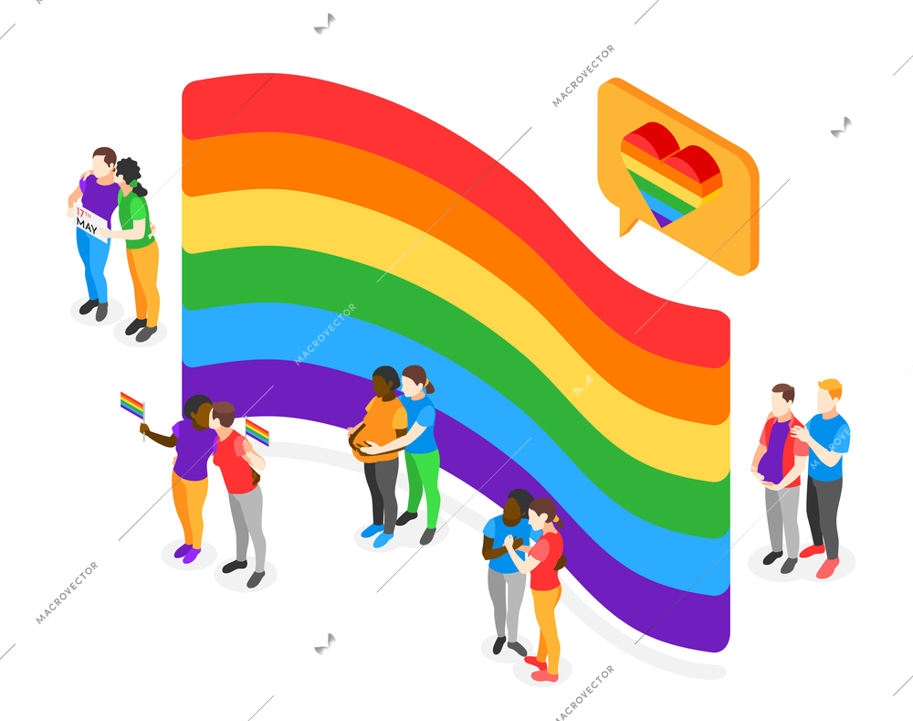 International day against homophobia isometric concept with some loving lgbt and gay couples standing at rainbow flag background vector illustration