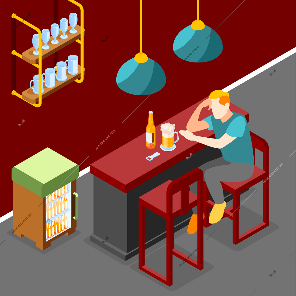 Loneliness isometric background with young man drinking beer in modern home interior vector illustration