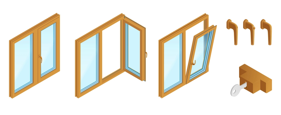 Double casements wooden windows with  accessories isometric set on white background isolated vector illustration