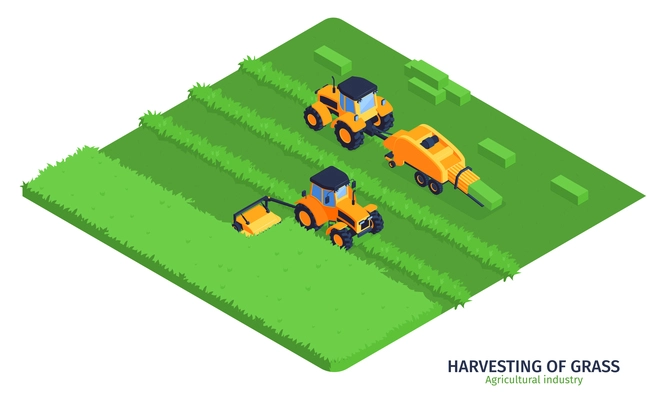Agricultural industry isometric vector illustration with machinery for harvesting of grass on green field