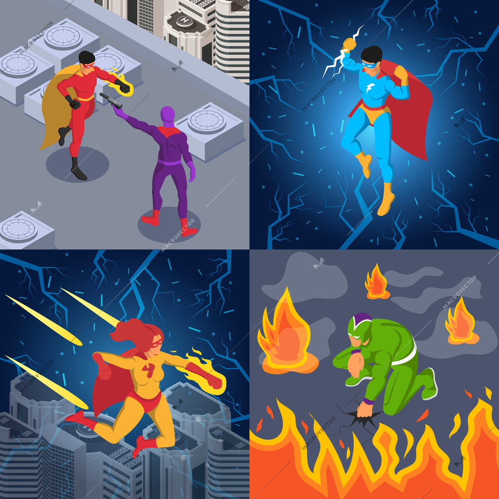 Superheroes supervillains comic books characters lightning fire power fight scenes 4 colorful background isometric compositions vector illustration