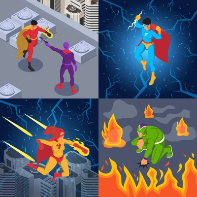 Superheroes supervillains comic books characters lightning fire power fight scenes 4 colorful background isometric compositions vector illustration