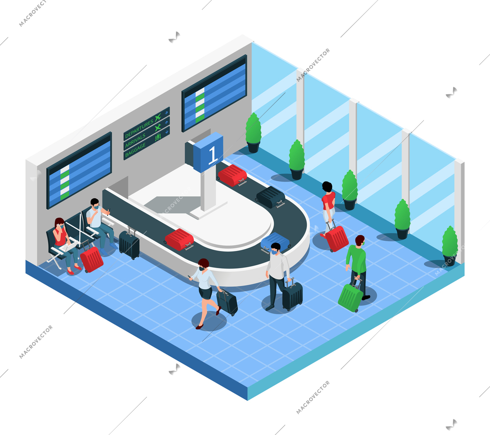 Airport terminal arriving passengers baggage reclaim area isometric composition with luggage carousel information board vector illustration