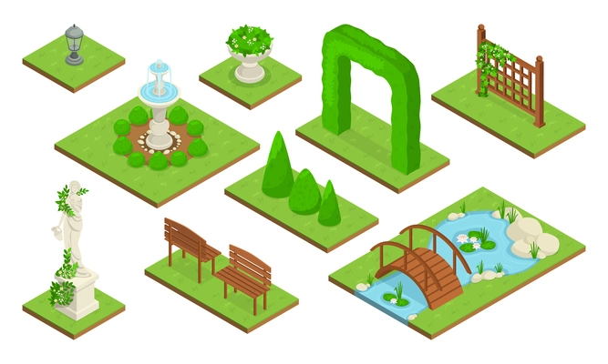 Isometric landscape design park icon set with an arch of greenery on the lawn a beautiful statue benches a small pond and a bridge fountain on the lawn vector illustration
