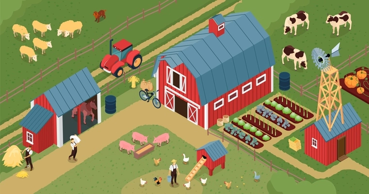 Farm barnyard isometric composition with chicken laying house pigs farmland livestock growing vegetables windmill tractor farmer vector illustration
