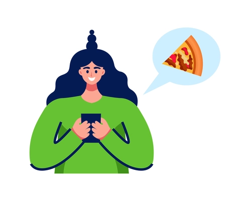 Food delivery composition with female character thinking of pizza holding smartphone vector illustration