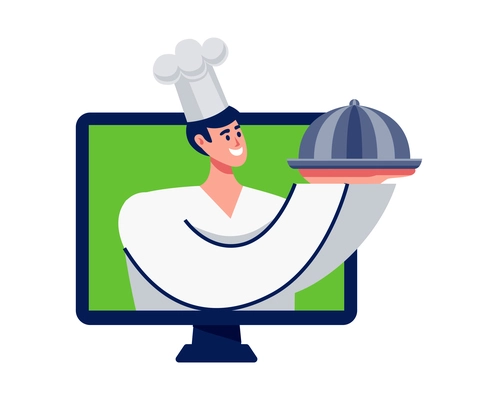 Food delivery composition with character of cook holding tray inside desktop computer screen vector illustration