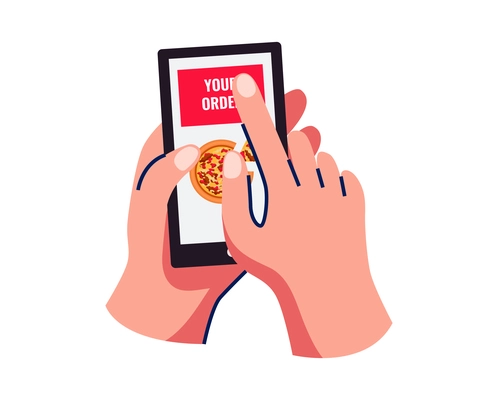 Food delivery composition with human hand holding smartphone touching pizza order button vector illustration