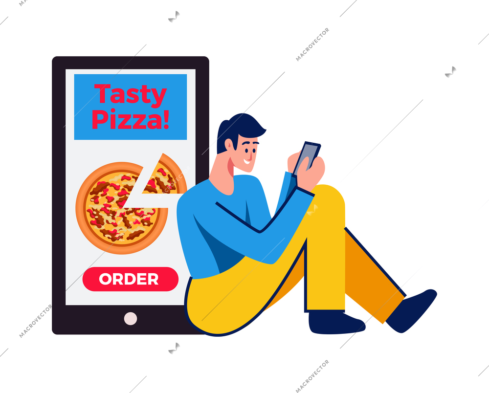 Food delivery composition with man sitting with smartphone with tasty pizza ordering app vector illustration
