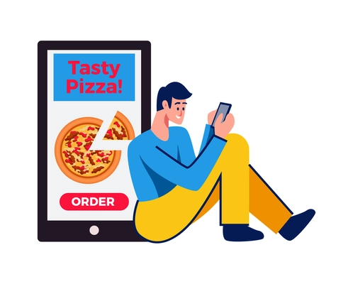 Food delivery composition with man sitting with smartphone with tasty pizza ordering app vector illustration