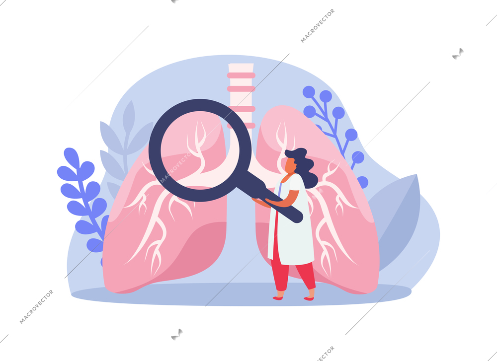 Lung inspection flat icons composition with female doctor character holding hand glass inspecting lungs vector illustration