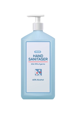 Sanitizer bottles realistic composition with branded package of hand sanitizer with dispenser cap vector illustration