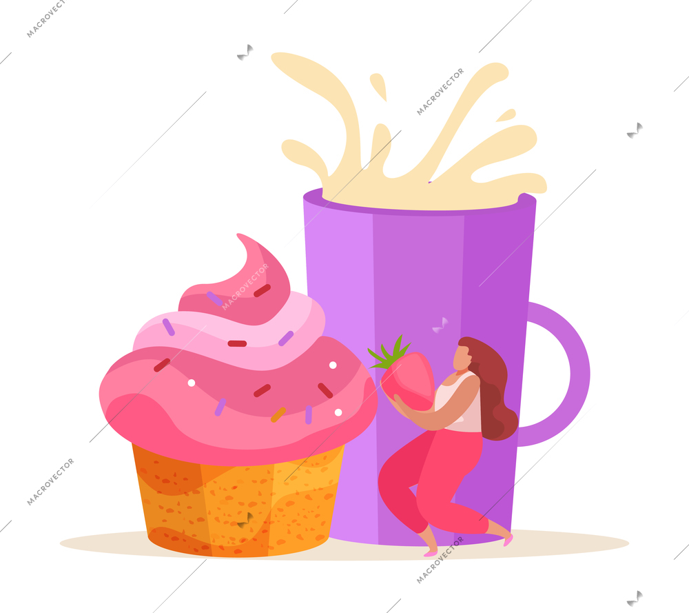 Sweets and people flat composition with female character and cup of milk with cupcake vector illustration