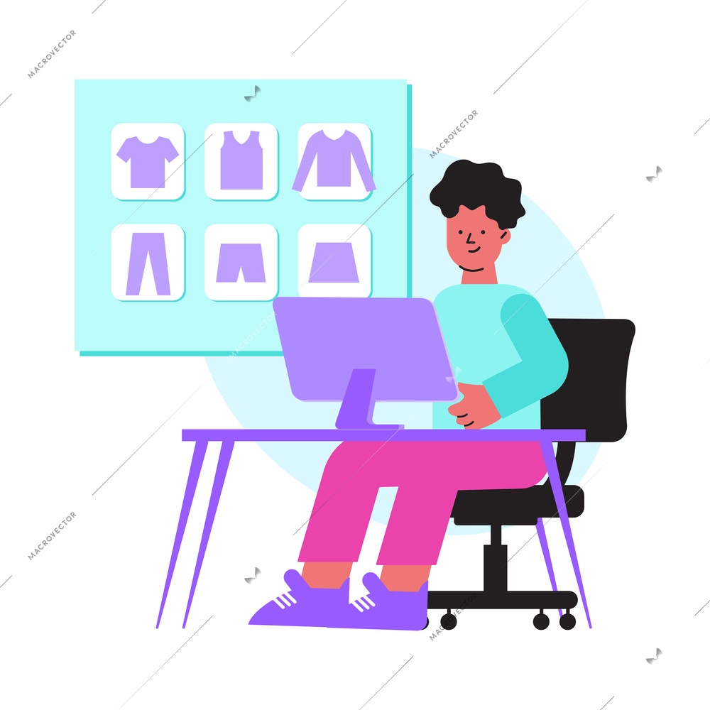 Online shopping flat composition with man sitting at table with laptop searching for clothing items for sale vector illustration