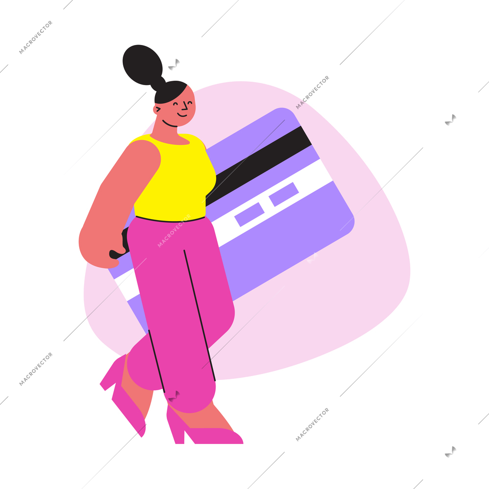 Online shopping flat composition with female character carrying big credit card for remote payment vector illustration