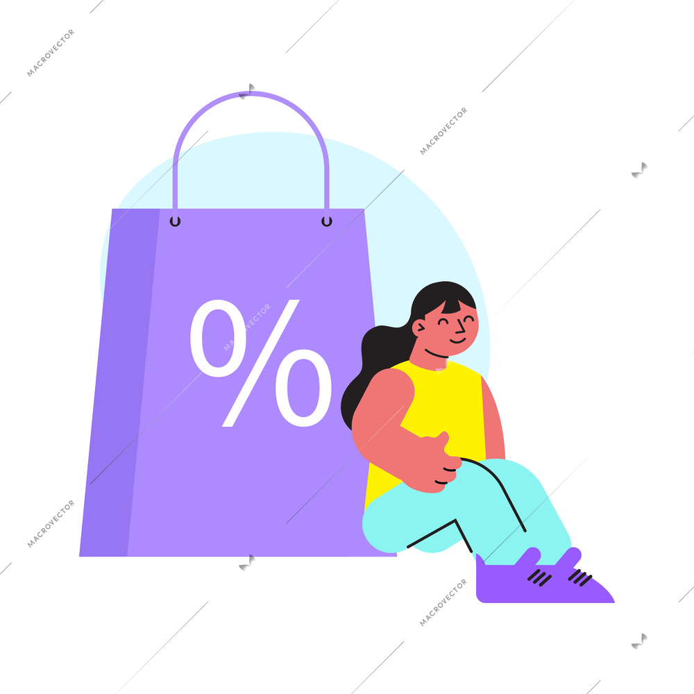 Online shopping flat composition with character of girl sitting near big shopping bag with discount symbol vector illustration