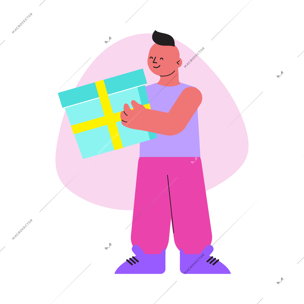 Online shopping flat composition with male character holding gift box vector illustration