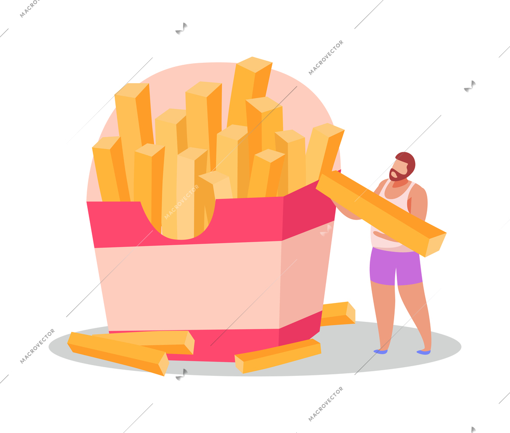 Fastfood flat composition with male character near big pack of fries vector illustration