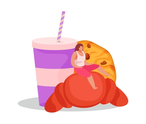 Sweets and people flat composition with female character sitting on croissant with cookie and drink vector illustration