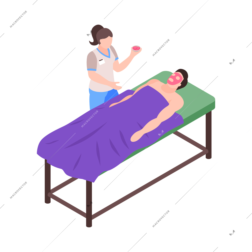 Isometric cosmetologist composition with view of patient on table with operating doctor vector illustration